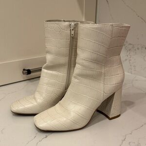White Croc-Embossed Ankle Boots